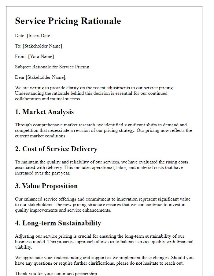 Letter template of service pricing rationale for stakeholders