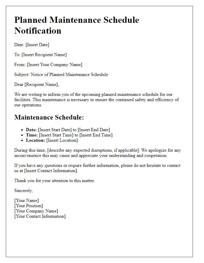 Letter template of planned maintenance schedule