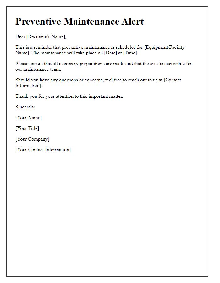 Letter template of preventive maintenance alert