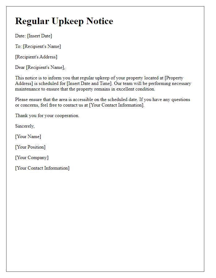 Letter template of regular upkeep notice