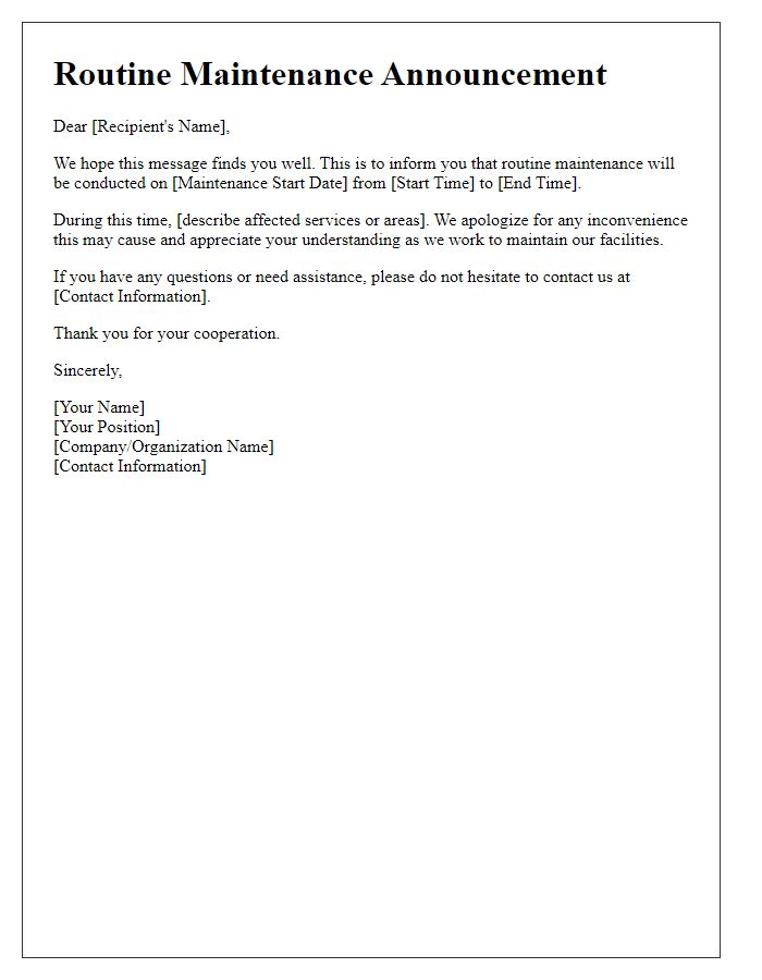 Letter template of routine maintenance announcement