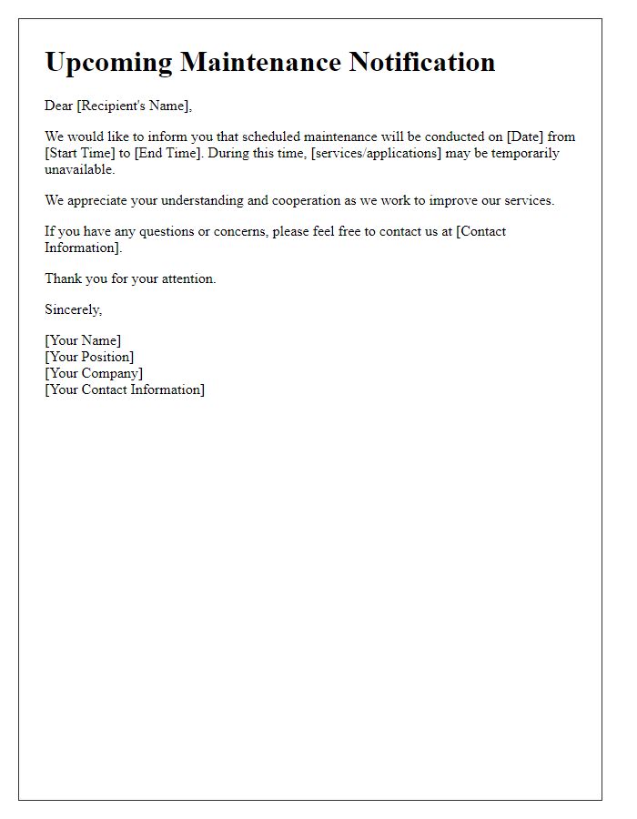 Letter template of upcoming maintenance notification