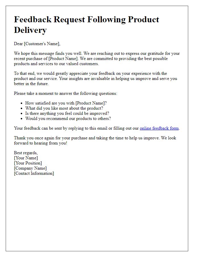 Letter template of feedback request following product delivery