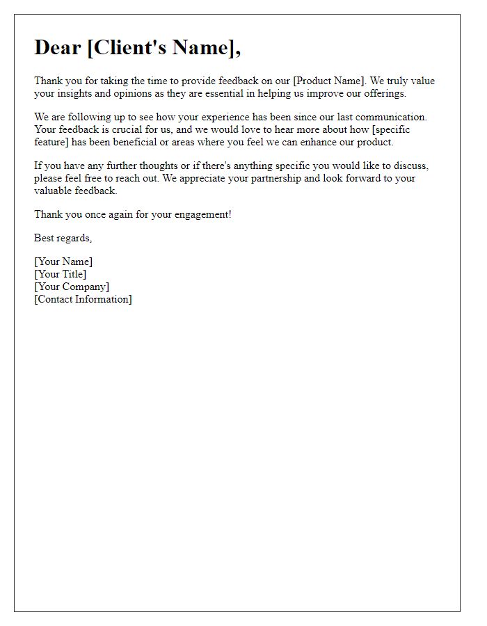 Letter template of product feedback follow-up for client engagement