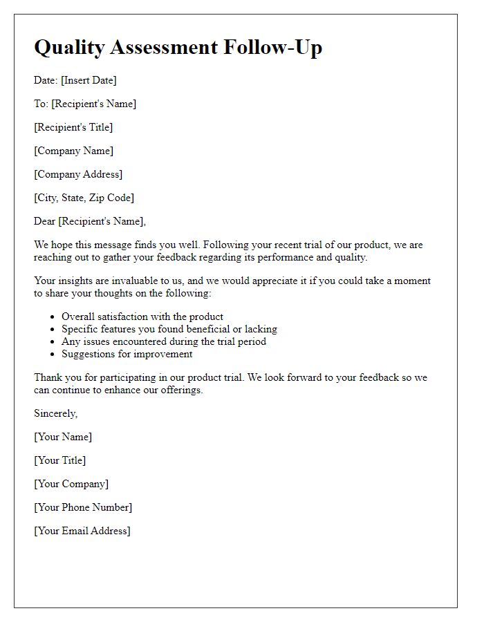 Letter template of quality assessment follow-up after product trial