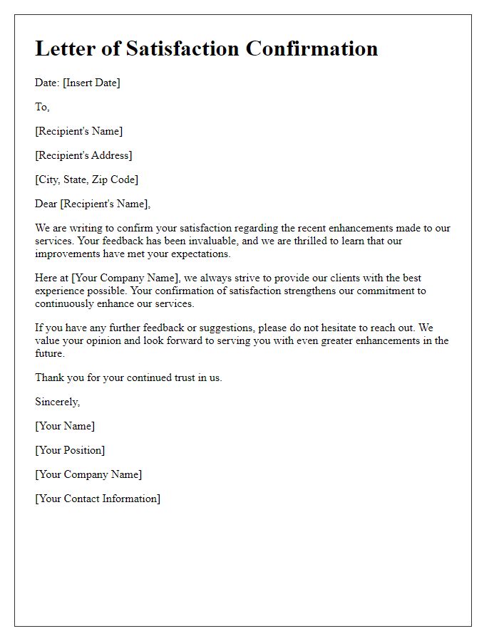 Letter template of satisfaction confirmation for service enhancement