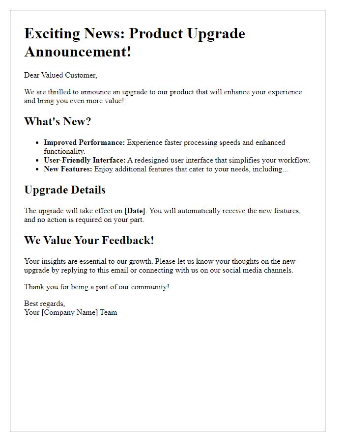 Letter template of product upgrade announcements for newsletter readers