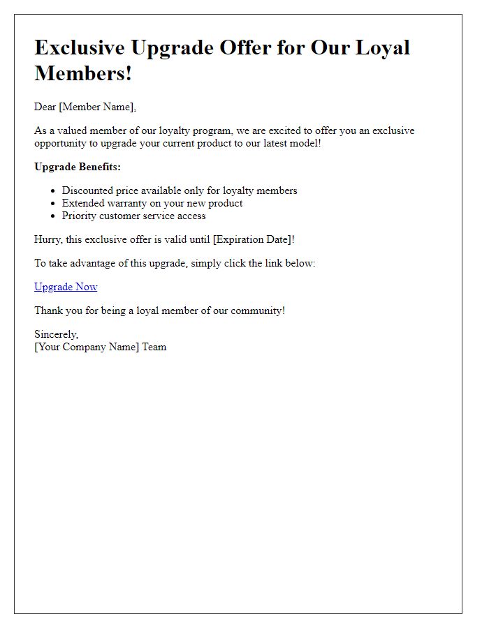 Letter template of product upgrade offers for loyalty program members