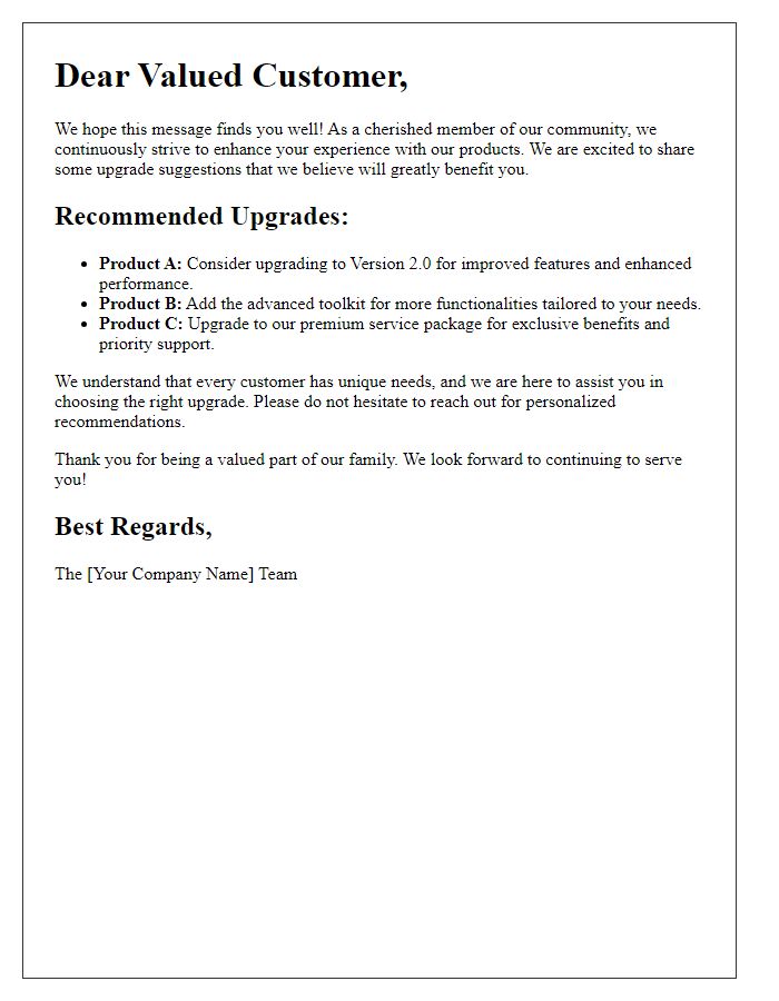 Letter template of product upgrade suggestions for existing customers