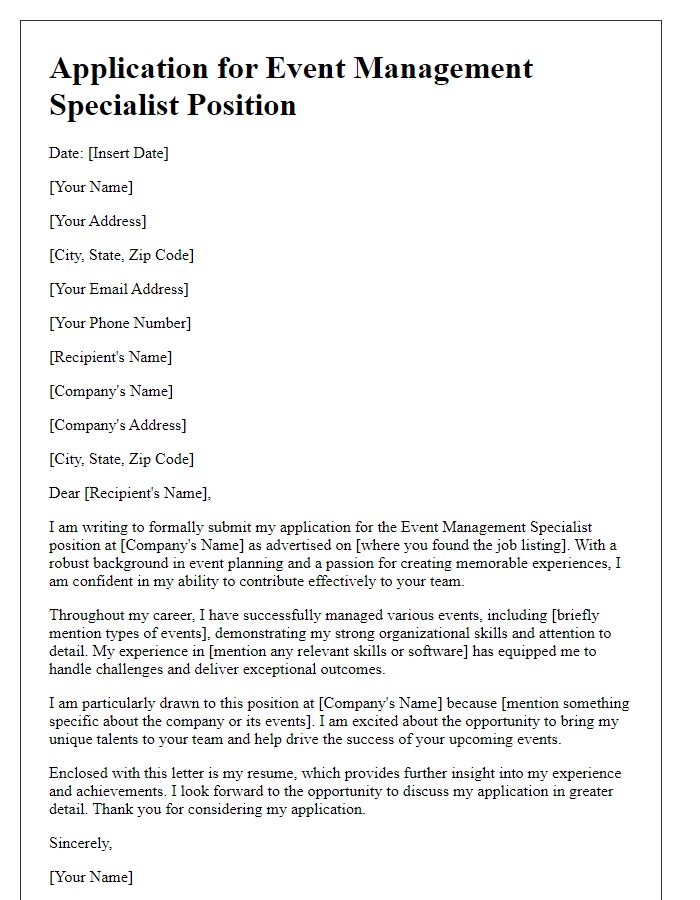 Letter template of submission for event management specialist position