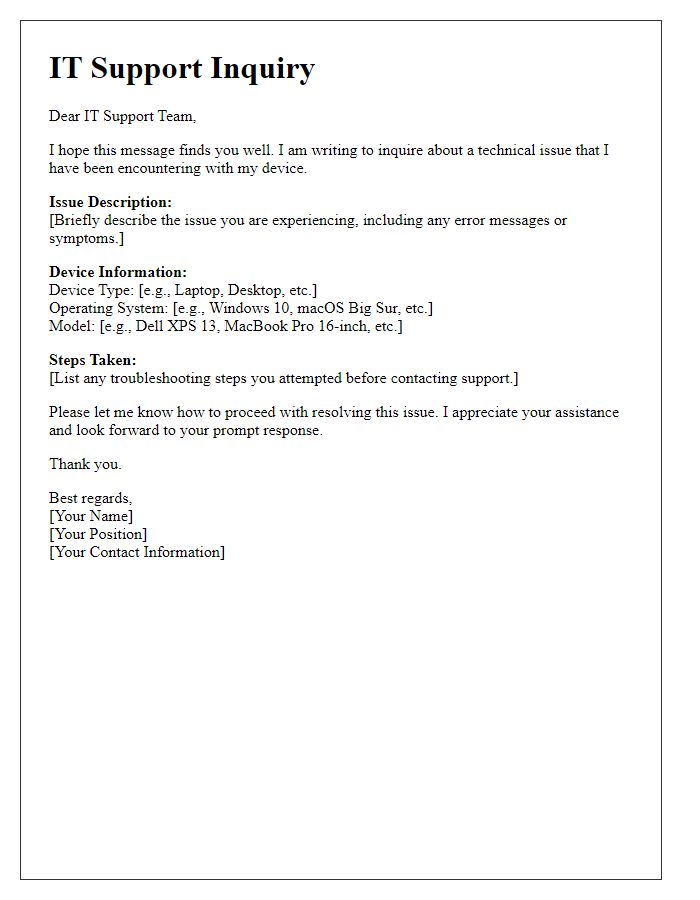 Letter template of IT Support Inquiry