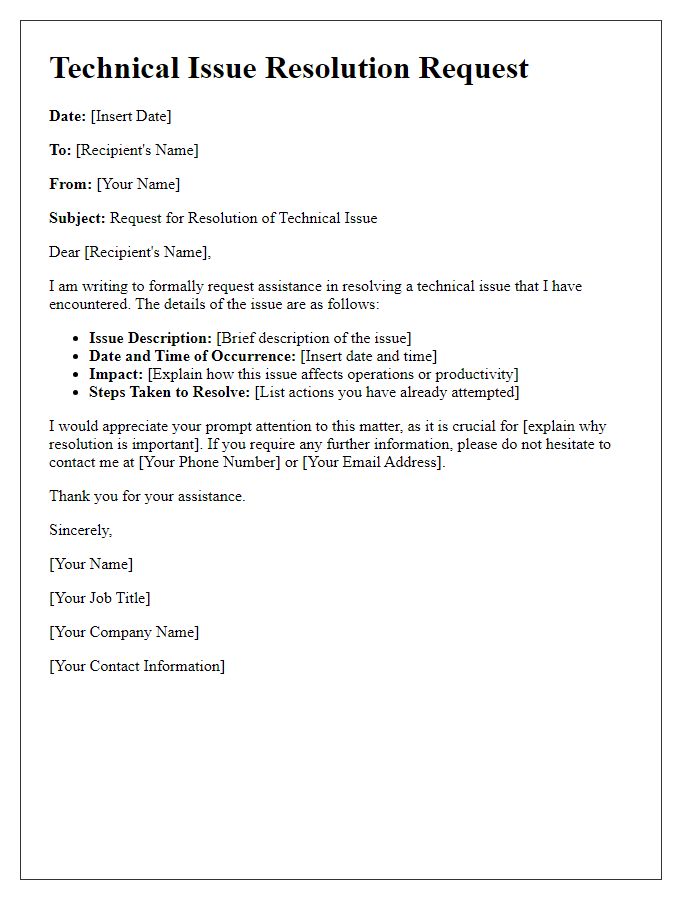 Letter template of Technical Issue Resolution Request