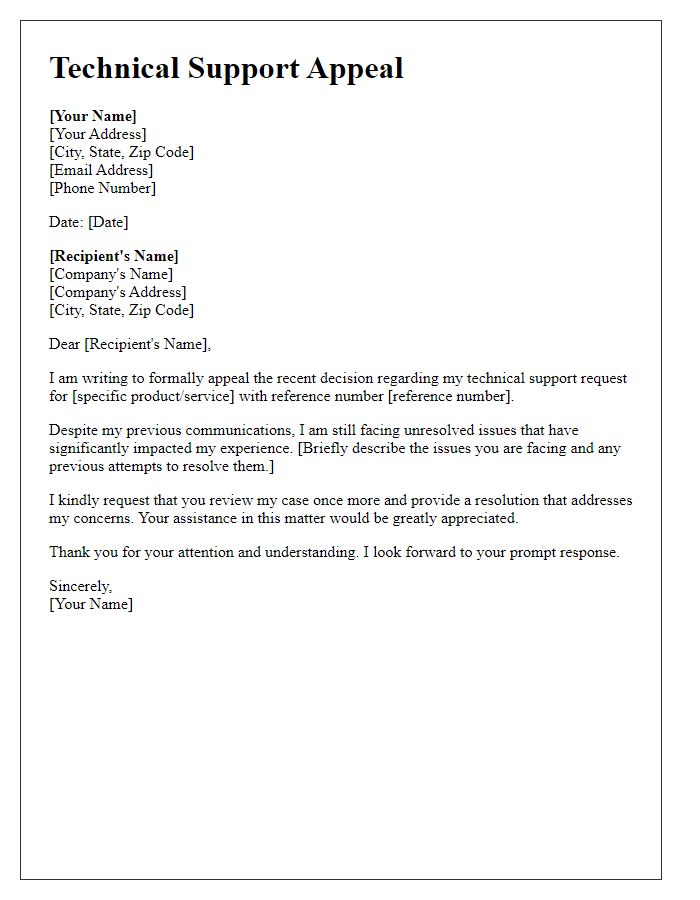 Letter template of Technical Support Appeal