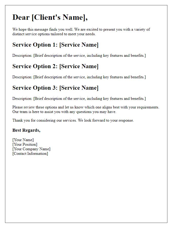 Letter template of distinct service options