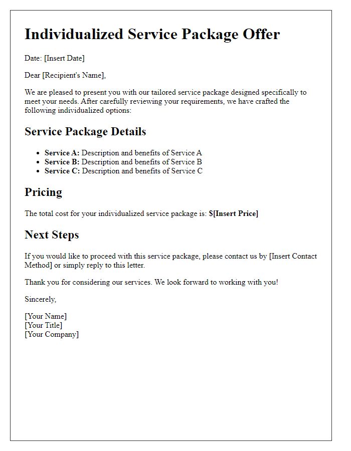 Letter template of individualized service packages