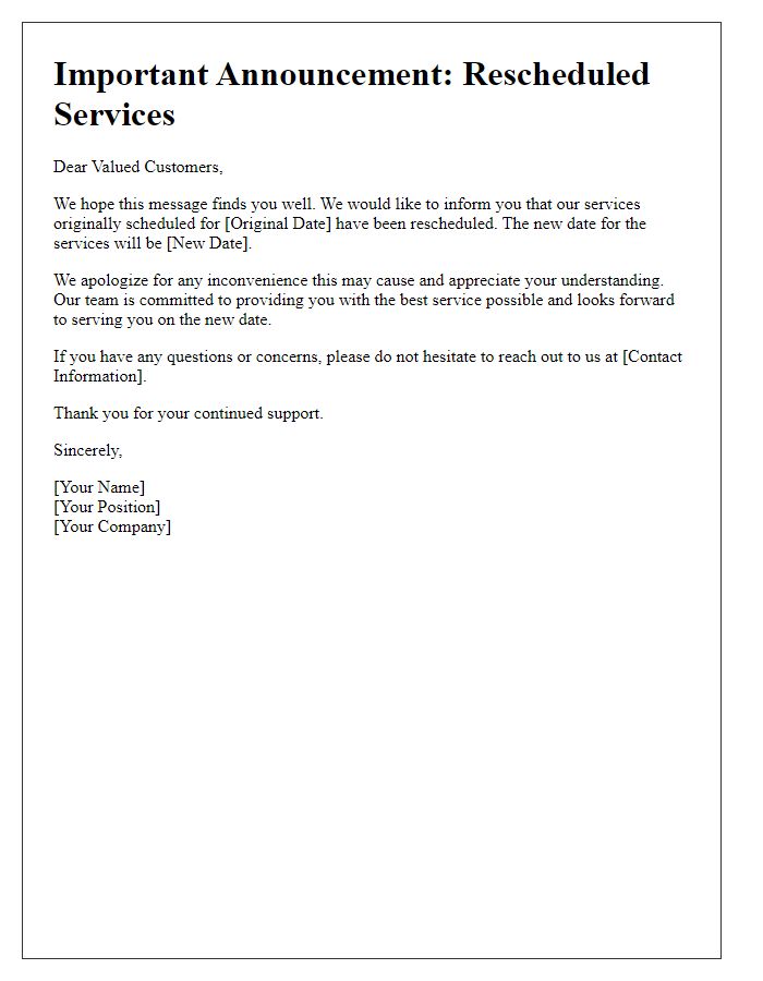 Letter template of announcement for rescheduled services