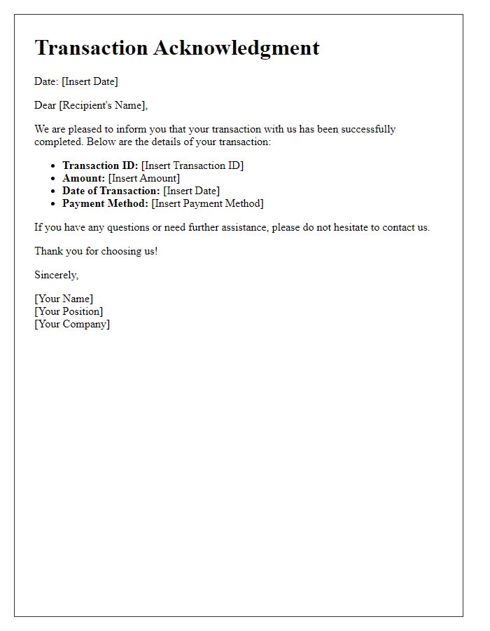 Letter template of successful transaction acknowledgment