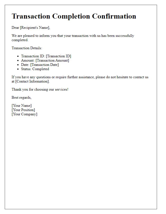 Letter template of transaction completion confirmation