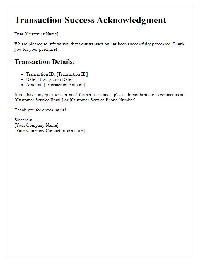 Letter template of transaction success acknowledgment