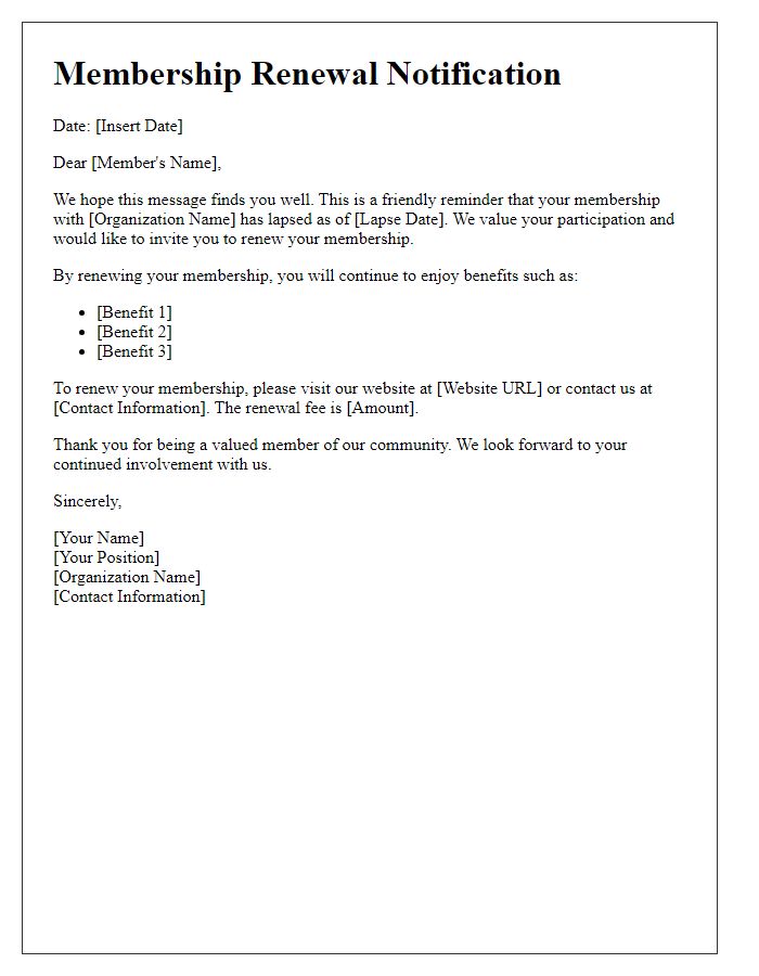 Letter template of notification for renewing lapsed membership.