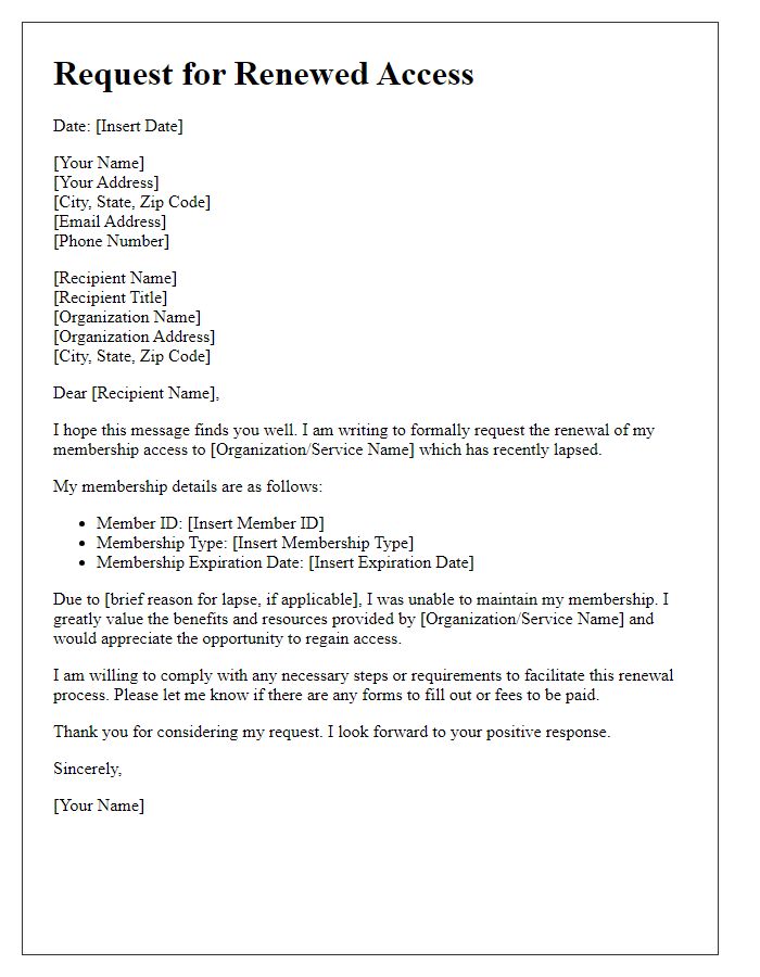 Letter template of request for renewed access after membership lapse.