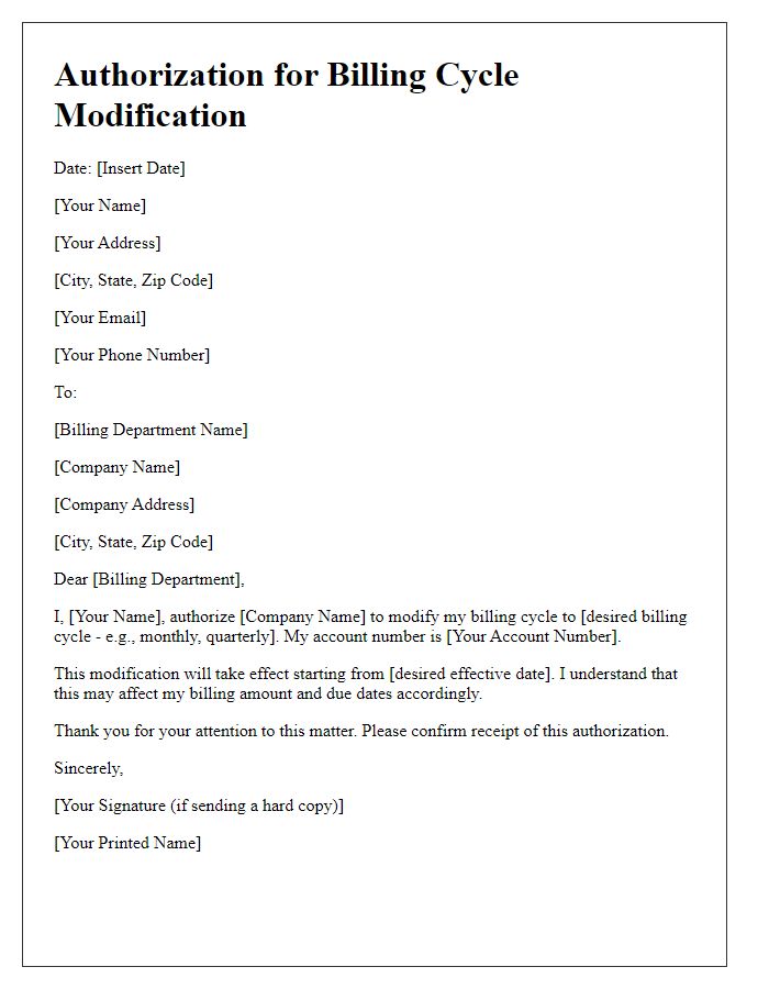 Letter template of authorization for billing cycle modification.