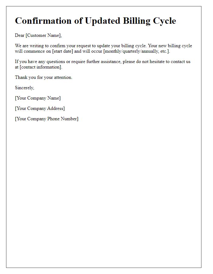 Letter template of confirmation for updated billing cycle request.