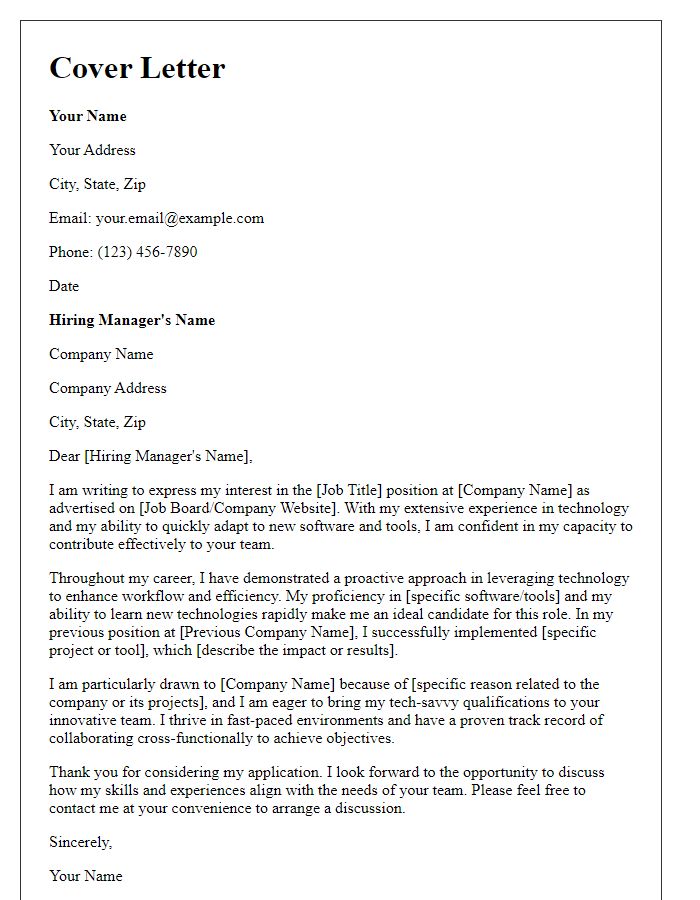 Letter template of a cover letter emphasizing tech-savvy qualifications for employment.