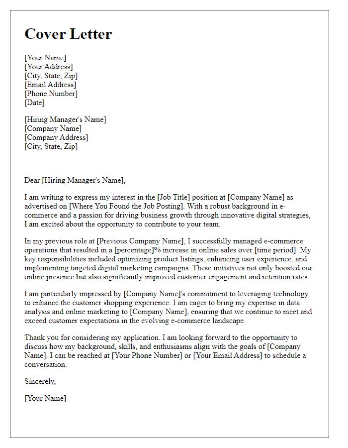 Letter template of a cover letter highlighting e-commerce know-how for a business role.