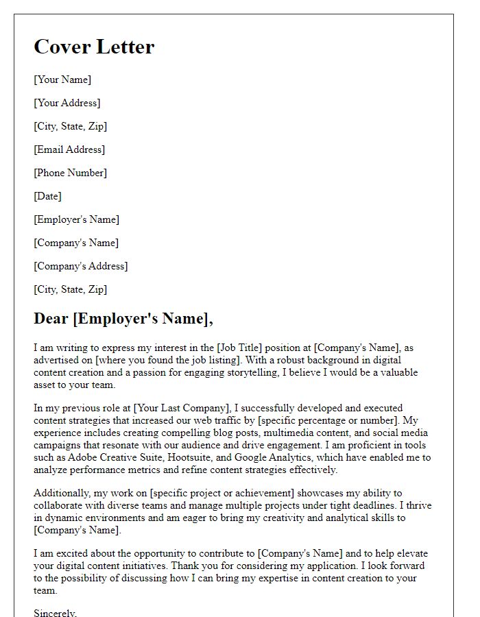 Letter template of a cover letter illustrating digital content creation skills for media jobs.