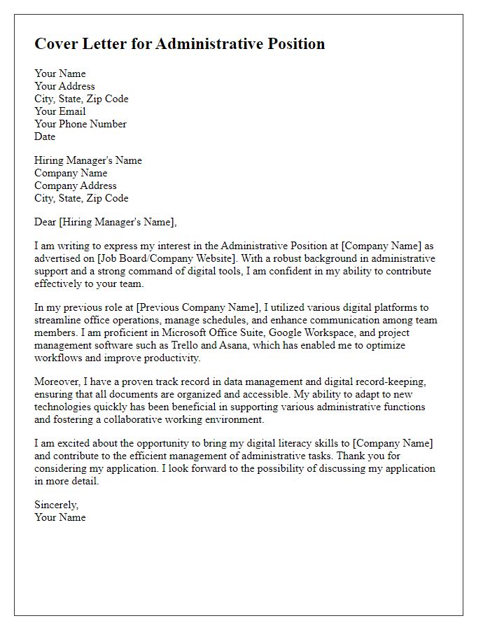 Letter template of a cover letter reflecting digital literacy for administrative positions.