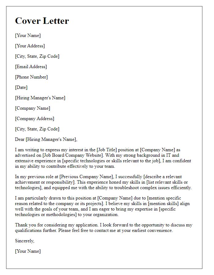 Letter template of a cover letter showcasing IT skills for a tech-related job.