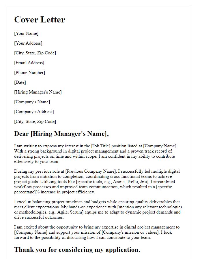 Letter template of a cover letter stressing digital project management skills.