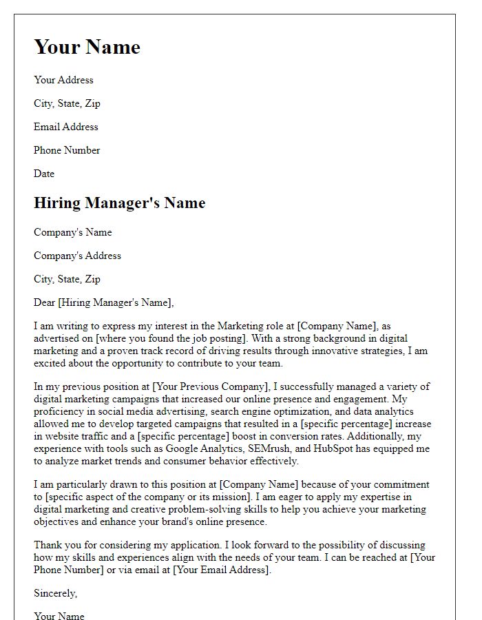 Letter template of a cover letter underlining digital expertise for a marketing role.