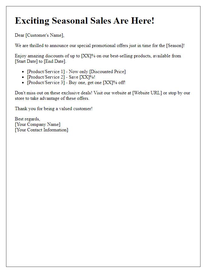 Letter template of promotional offers notification for seasonal sales