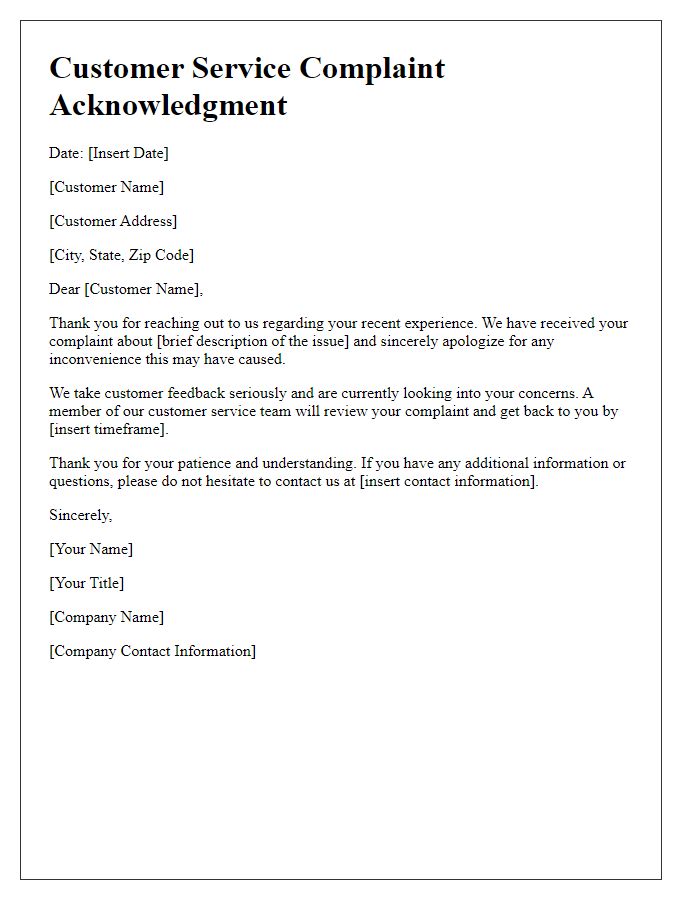 Letter template of customer service complaint acknowledgment