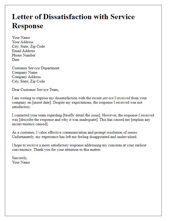 Letter template of dissatisfaction with service response