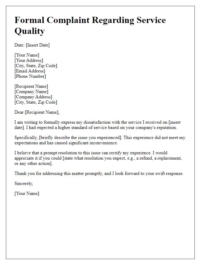 Letter template of formal complaint regarding service quality