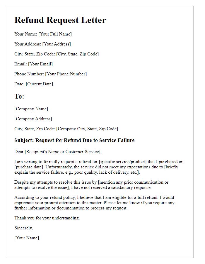 Letter template of refund request due to service failure