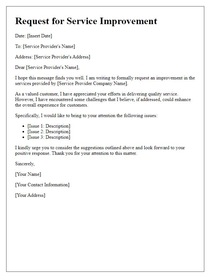 Letter template of request for service improvement