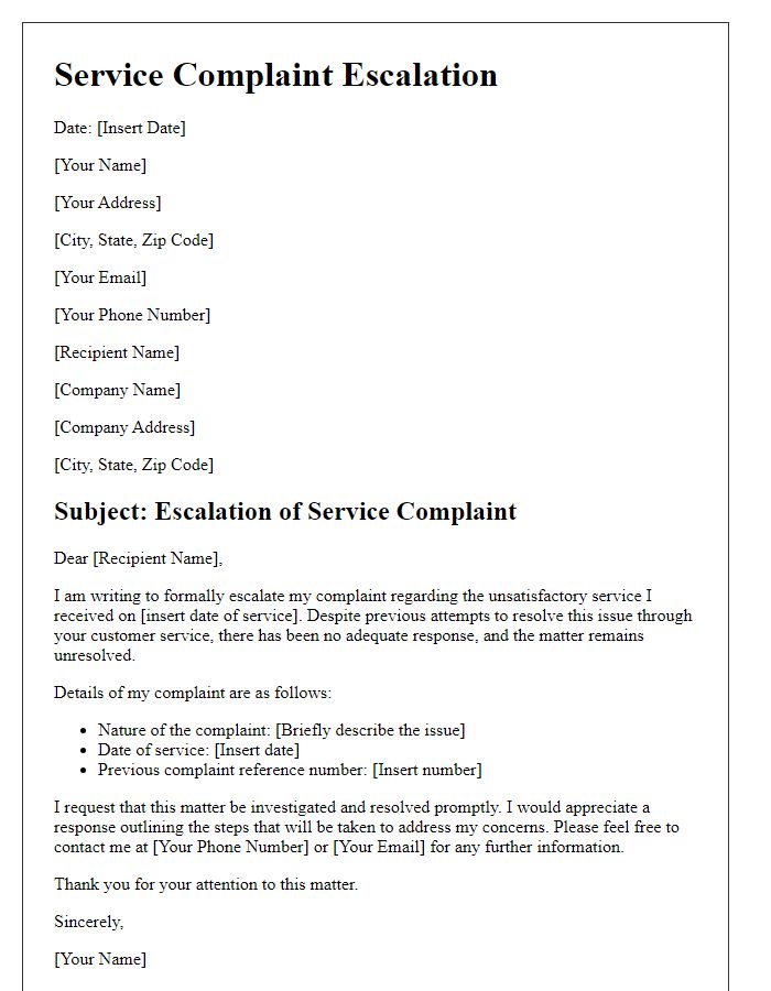 Letter template of service complaint escalation