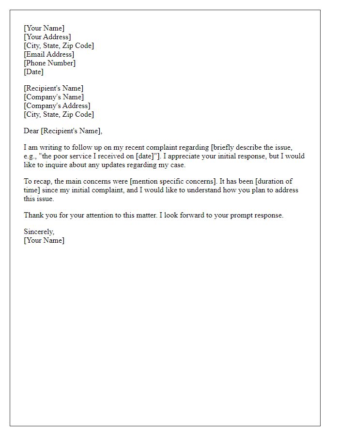 Letter template of service complaint follow-up