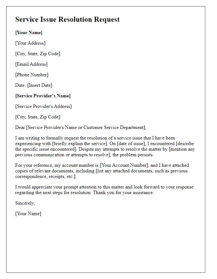 Letter template of service issue resolution request