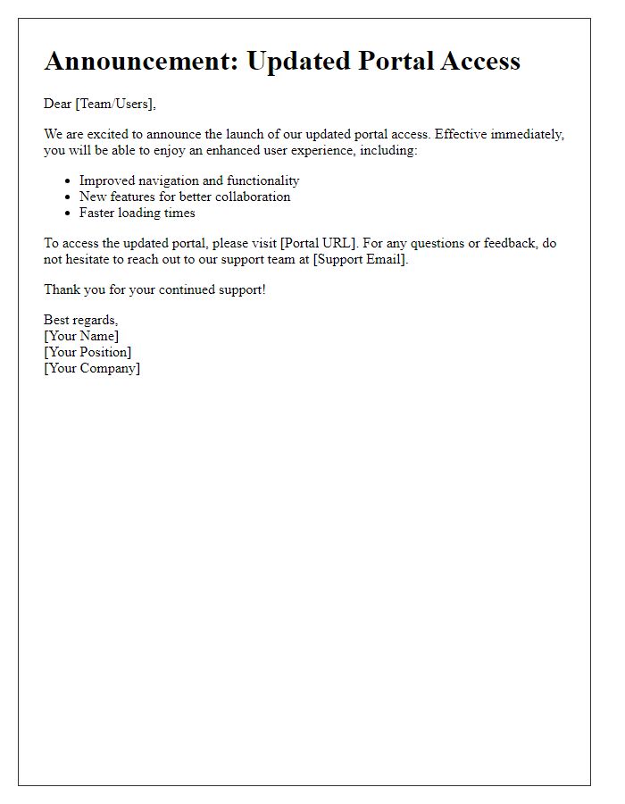 Letter template of announcement for our updated portal access.