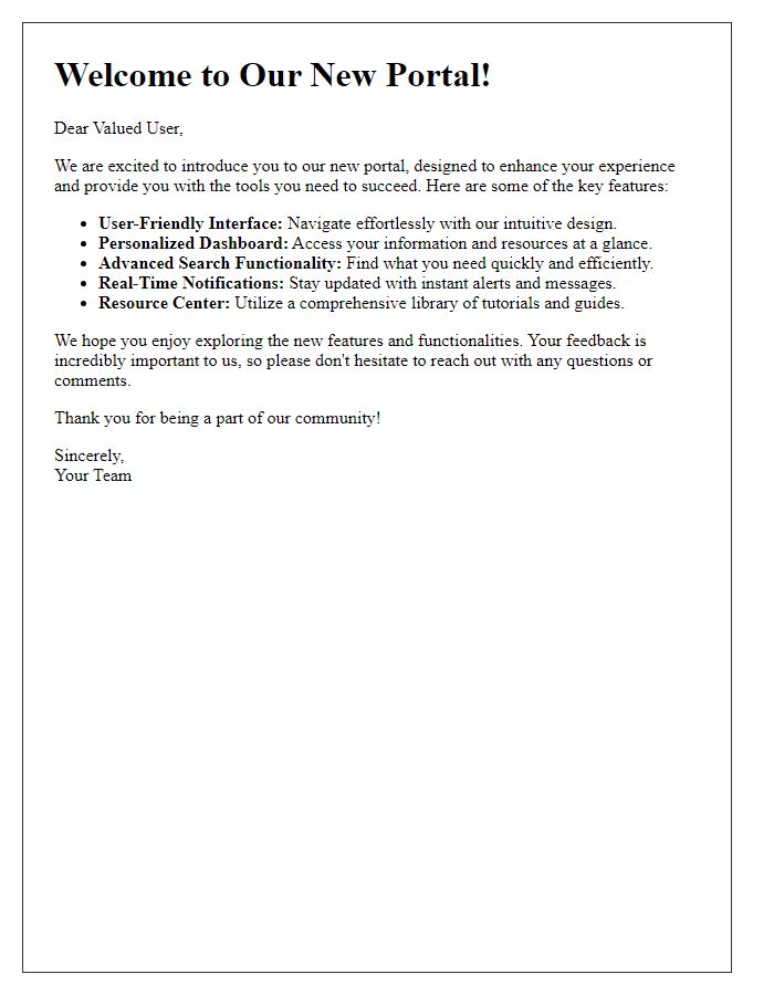 Letter template of introduction to the features of our new portal.