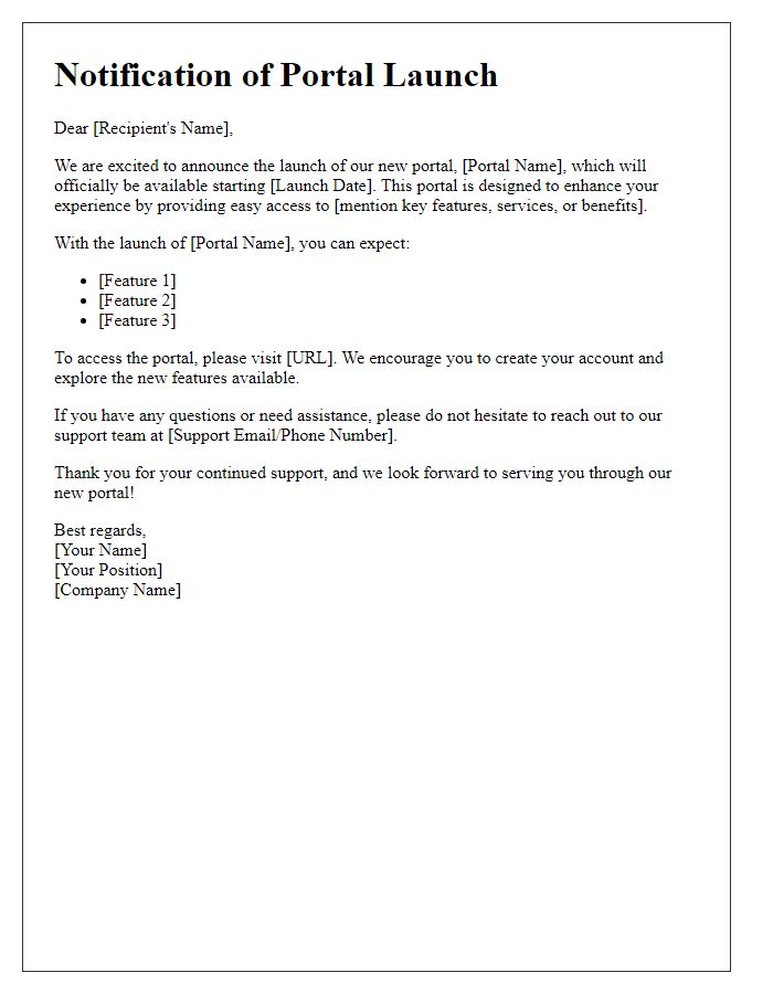 Letter template of notification regarding the launch of our portal.