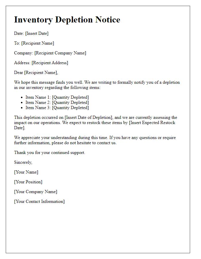 Letter template of inventory depletion notice