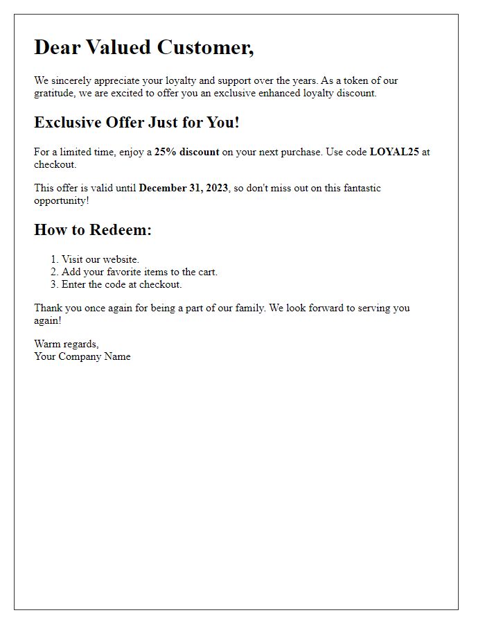 Letter template of enhanced loyalty discount offers for valued customers