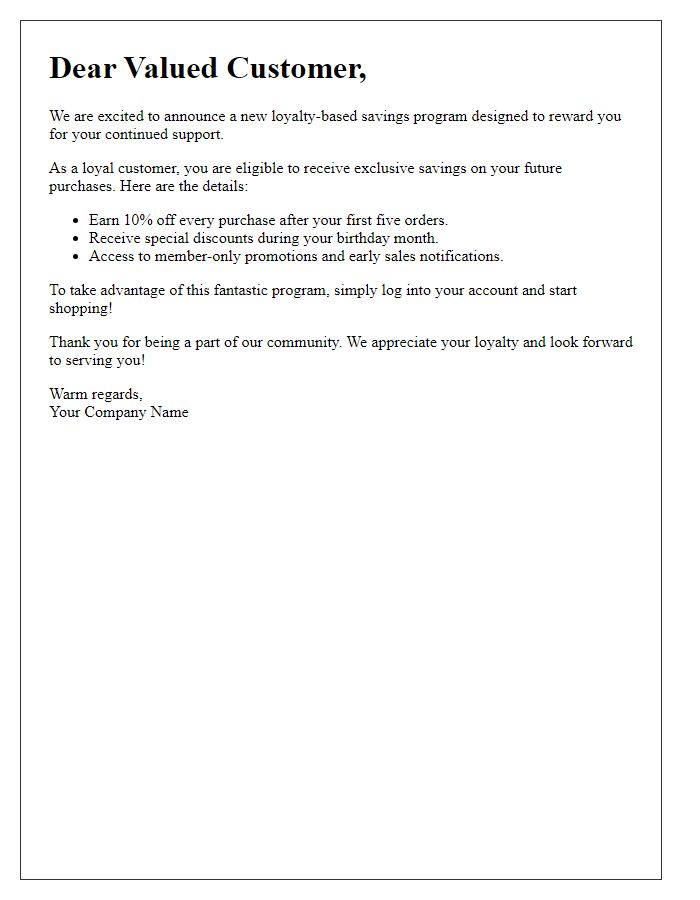 Letter template of informing customers about loyalty-based savings