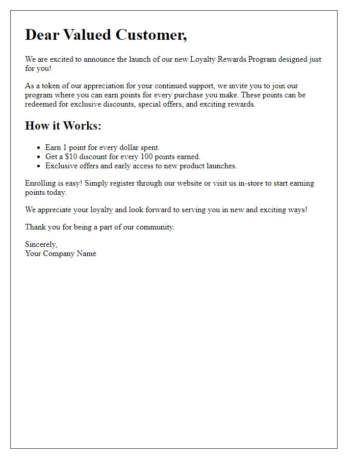 Letter template of introducing our new loyalty rewards program